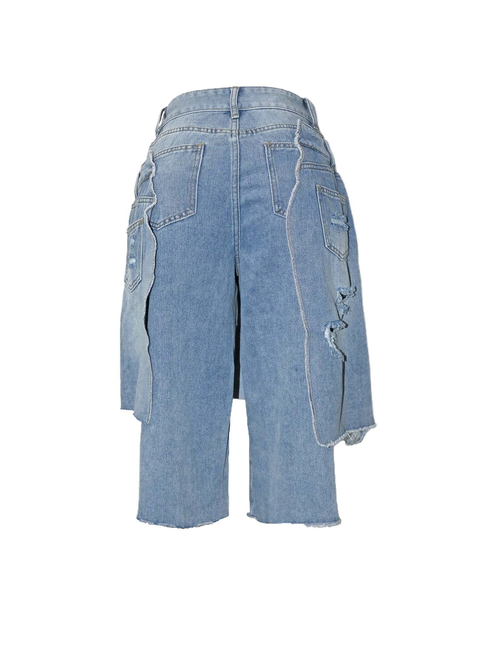 Asymmetrical Distressed Denim Capri Pants