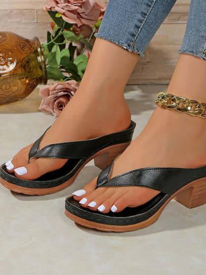 Chunky Heel White Thong Slides