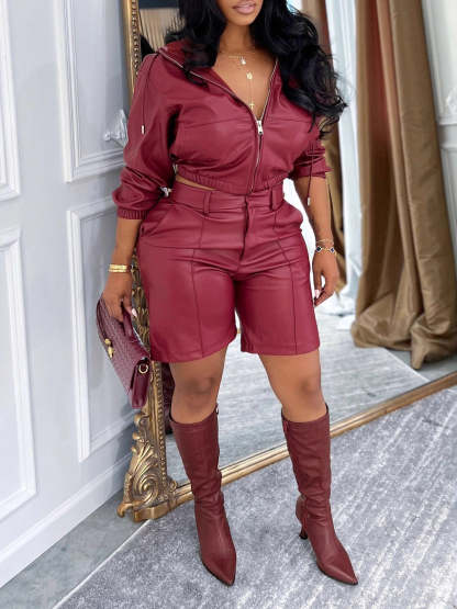 Hooded PU Leather Jacket Shorts Set
