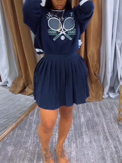 Printed Pullover Sweatshirt & Pleated Skirt Set