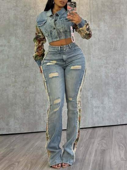 Printed Color Block Denim Jacket Jeans Set