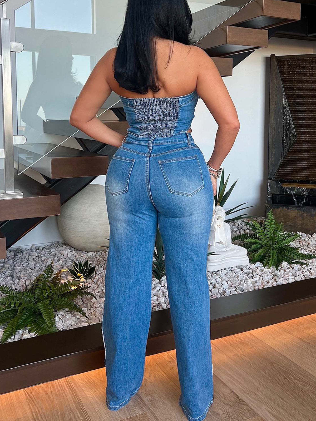 Denim Tube Top Wide-Leg Jumpsuit