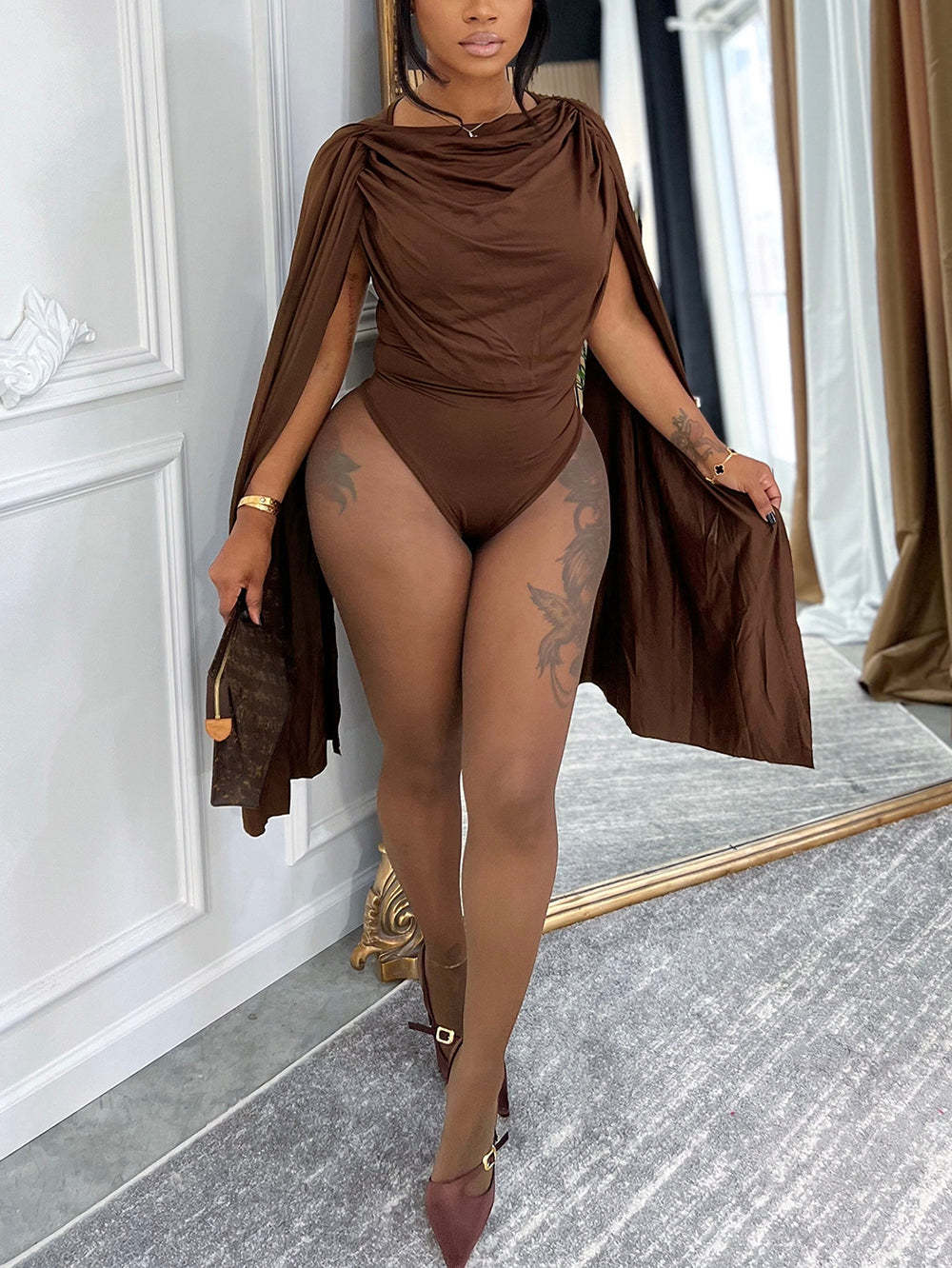 Draped Round Neck Cape Sleeve Romper