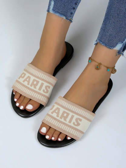 Paris Letter Knit Band Slide Sandals