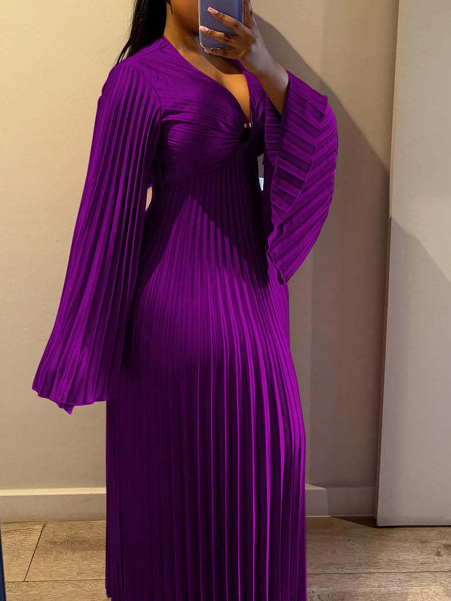 Chiffon V-Neck Pleated Maxi Dress