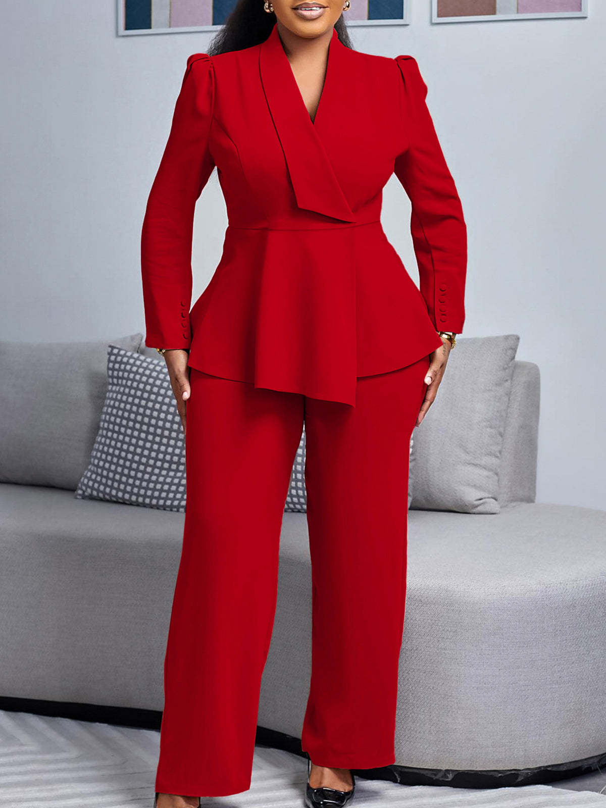 Tailored Lapel Peplum Blazer Pants Set