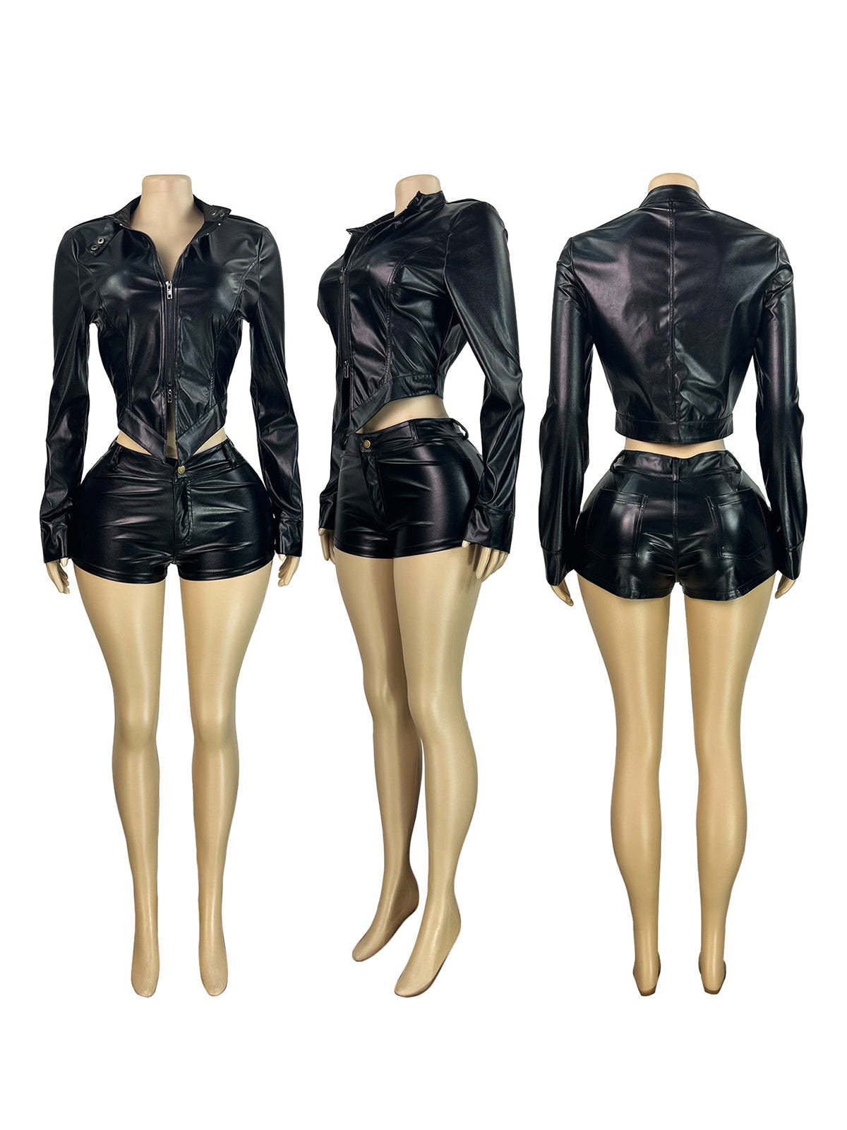 Two Pieces PU Zipper Crop Jacket Shorts Set