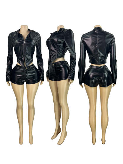 Two Pieces PU Zipper Crop Jacket Shorts Set