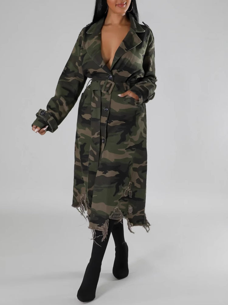 Distressed Camouflage Long Trench Coat