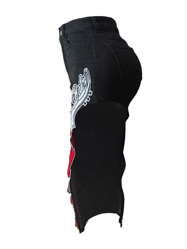 Graffiti Patchwork High Slit Denim Midi Skirt