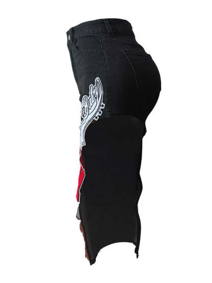 Graffiti Patchwork High Slit Denim Midi Skirt