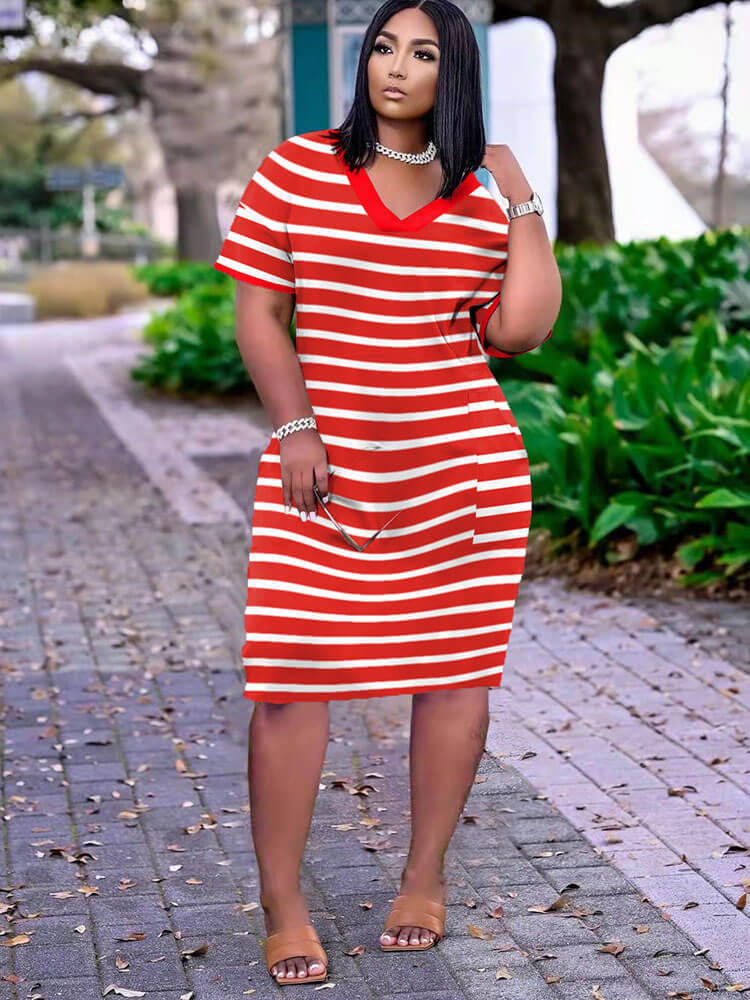 Striped V Neck Loose Midi Dress