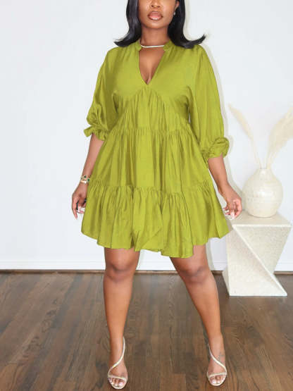 Cropped Sleeves Loose-Fit Pleated Dress