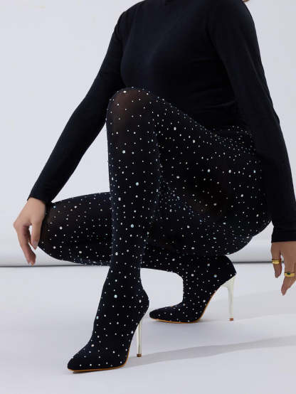 Rhinestone Stiletto Pointed Toe Pants Boots