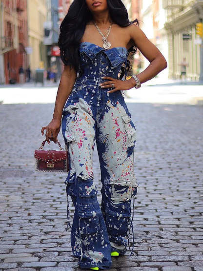 Strapless Color Paint Cargo Denim Jumpsuit