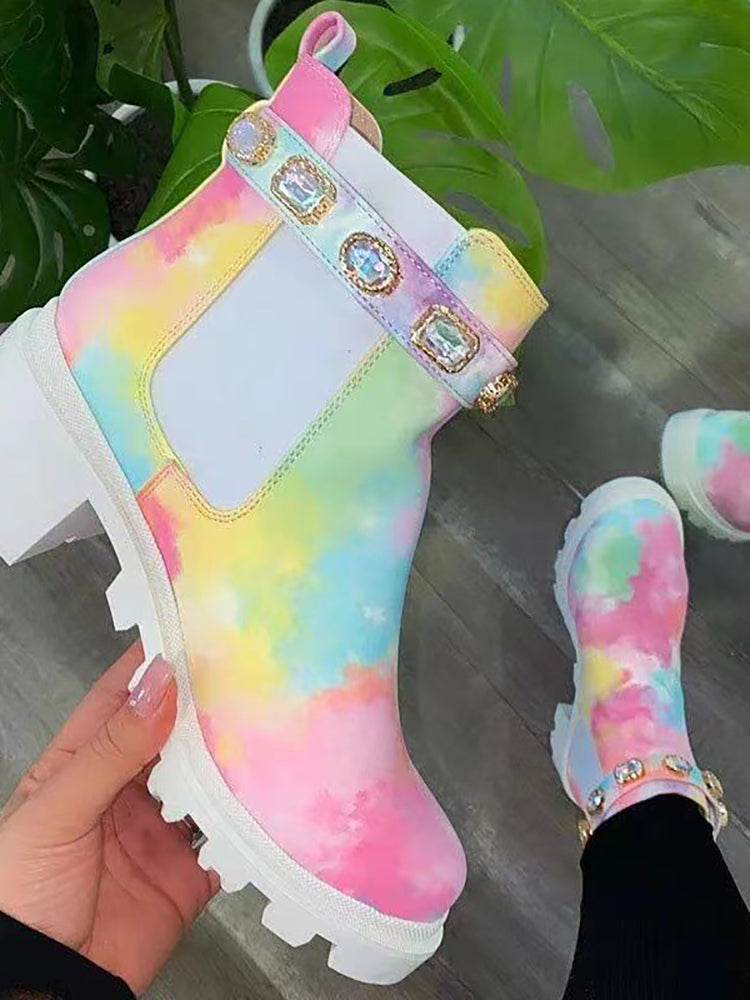 Rhinestone Buckle Platform Chelsea Ankle Boots