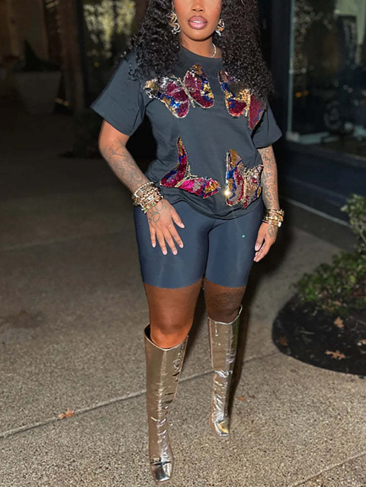 Butterfly Sequin Two-Piece Shorts Set | Casual Wear