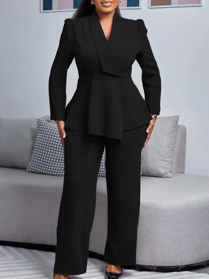 Tailored Lapel Peplum Blazer Pants Set