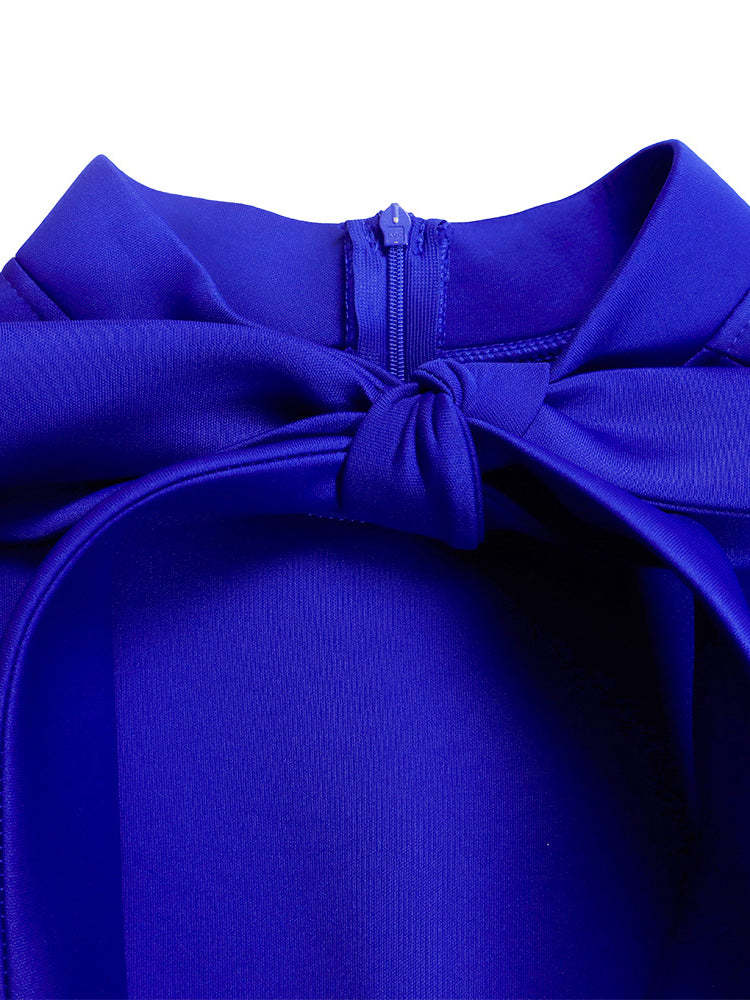 Puff Sleeve Bow-Tie Neck Flared Midi Dress