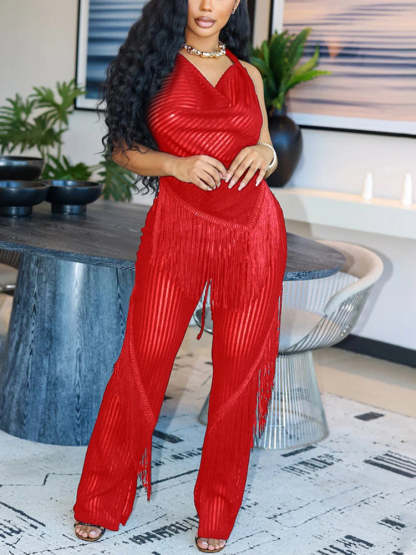 Two Piece Tassel Halter Tops Pants Sets