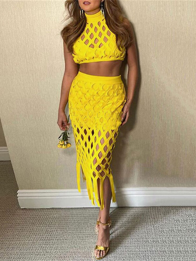 Two Piece Hollow Out Crop Top Tassel Skirts