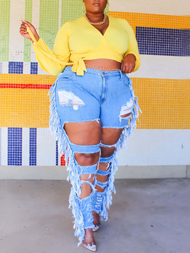 Plus Size Fringe Ripped Cutout Denim Jeans