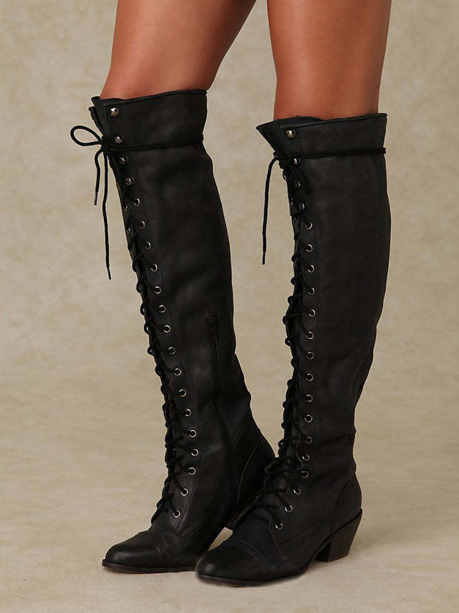 Lace-Up Over-the-Knee Chunky Heel Boots | Riding Boots