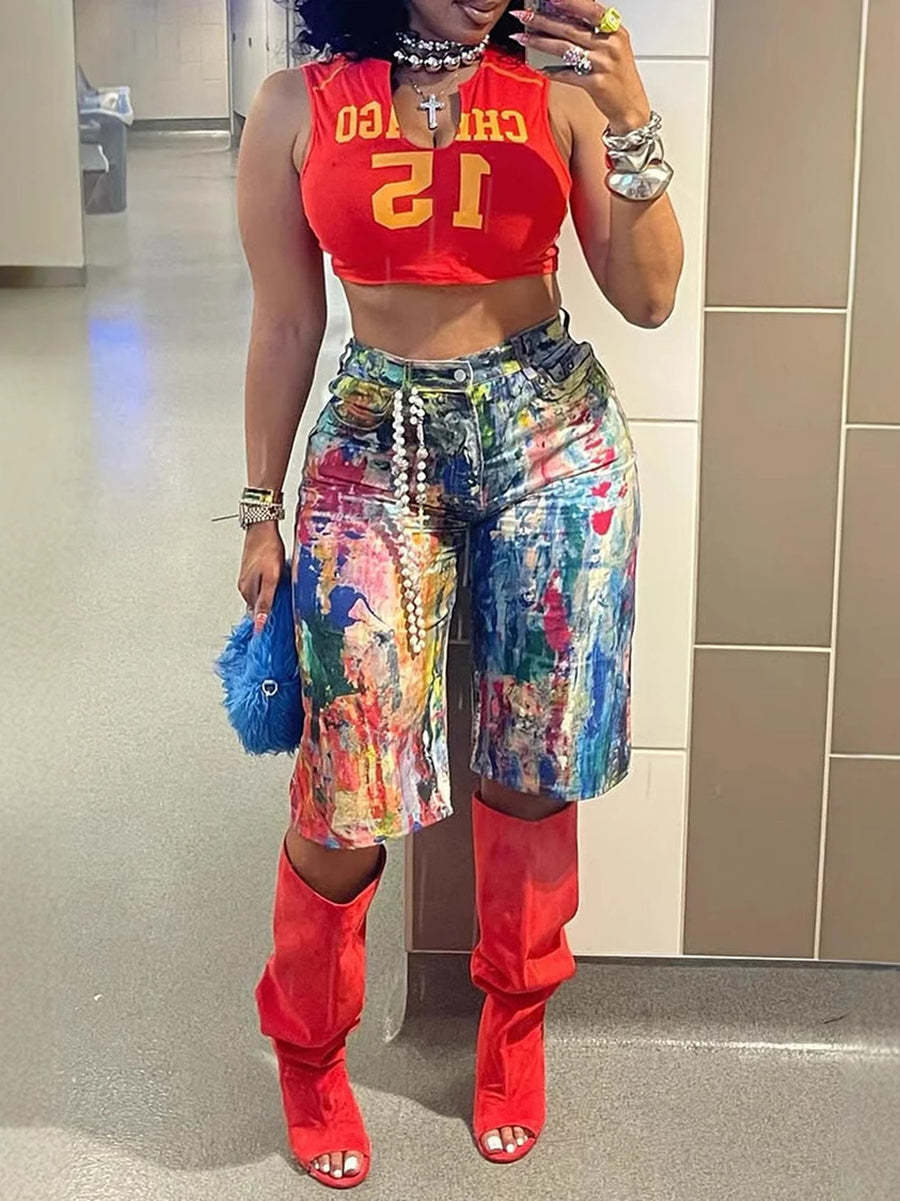 Multicolor Artistic Pocket Denim Shorts