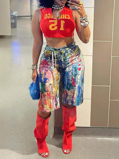 Multicolor Artistic Pocket Denim Shorts