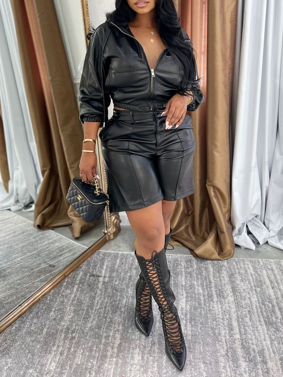 Hooded PU Leather Jacket Shorts Set