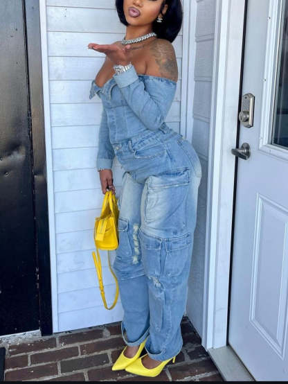 Off-Shoulder Pockets Denim Jumpsuit