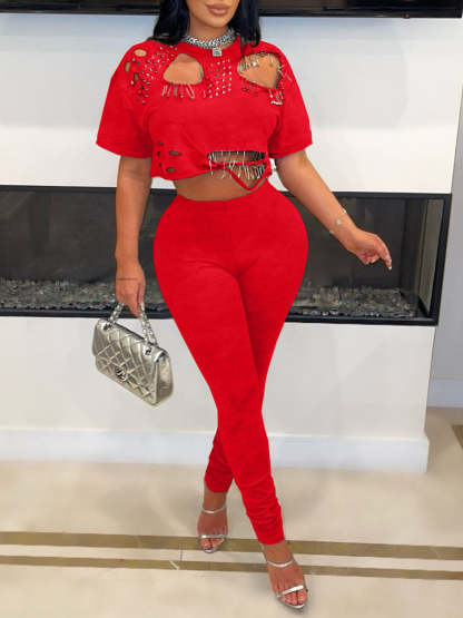 Cut-Out Stud Pin T-Shirt Pant Set
