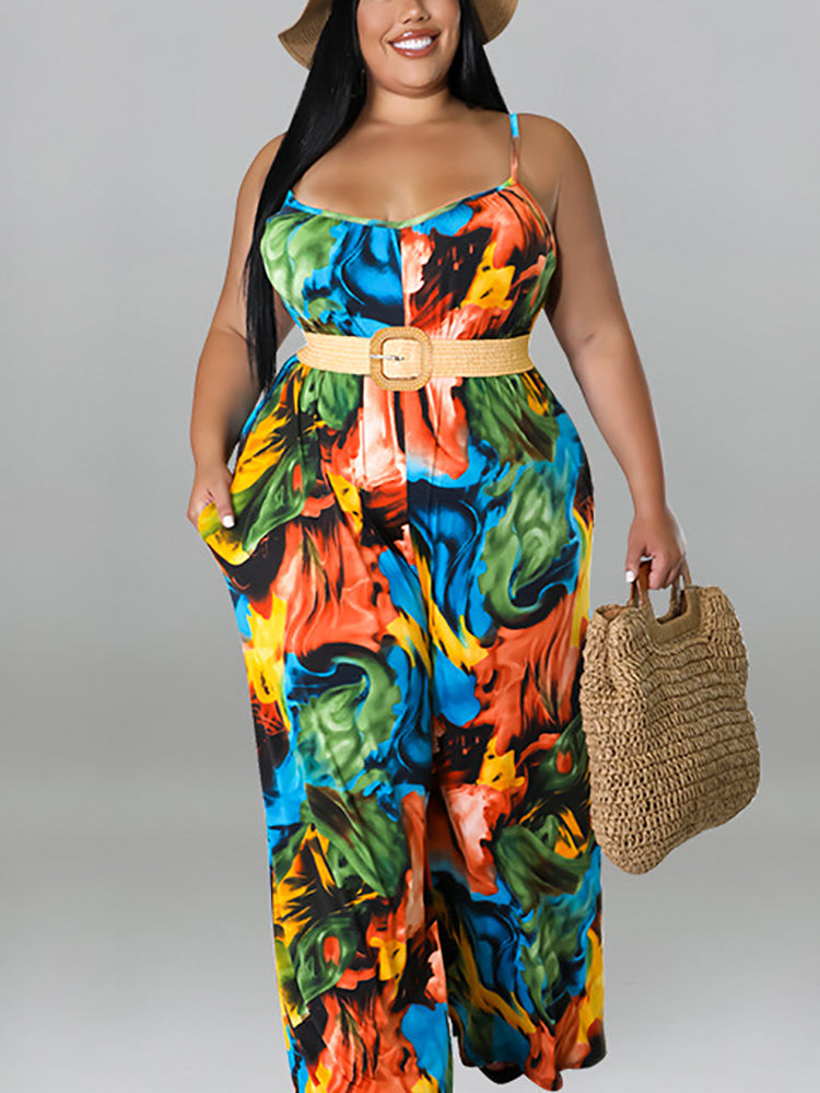 Plus Size Floral Print Strap Jumpsuit with Belt