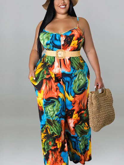 Plus Size Floral Print Strap Jumpsuit with Belt