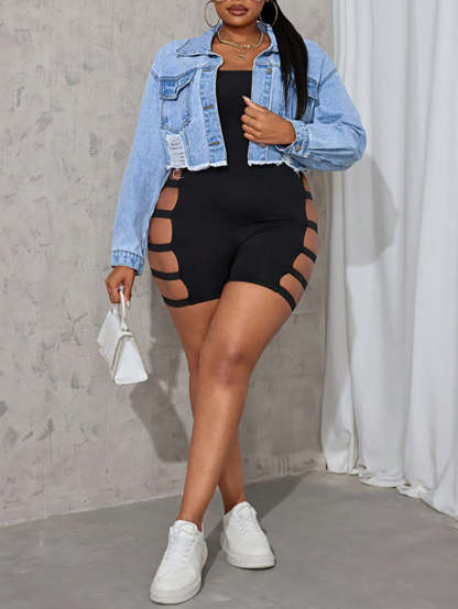 Plus Size Ripped Cropped Denim Jacket