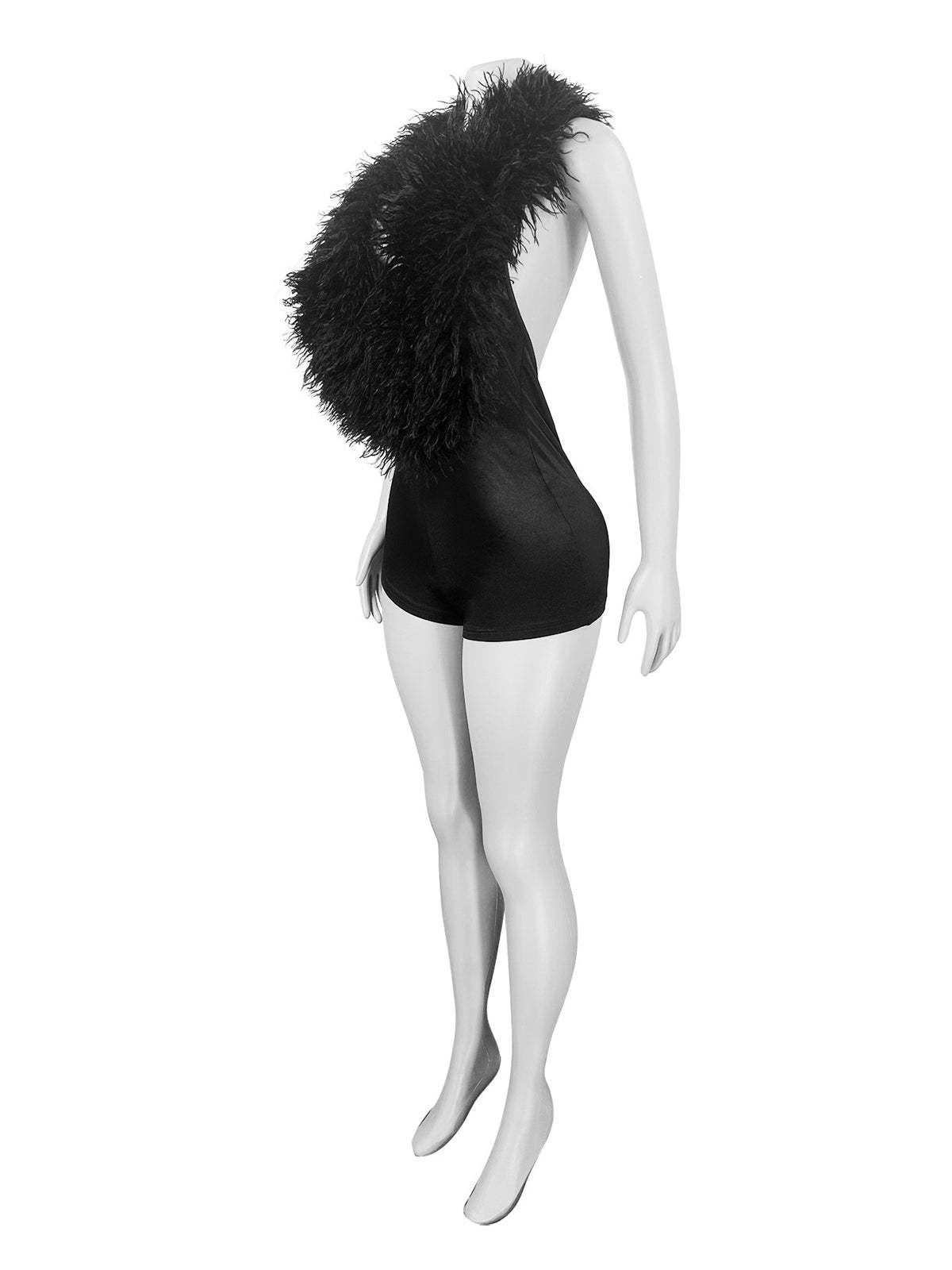 Backless Halter Faux Fur Trim Romper