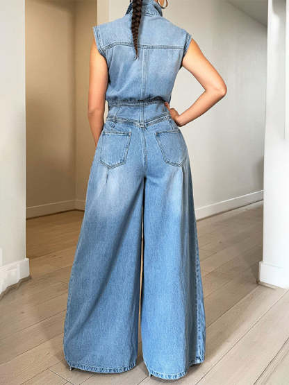 Sleeveless Button Denim Wide Leg Jumpsuit