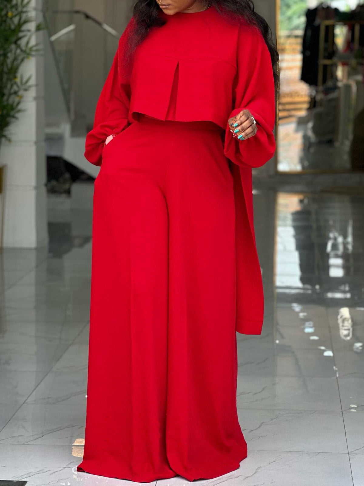 Plus Size Lantern Sleeve Wide Leg Pants Set