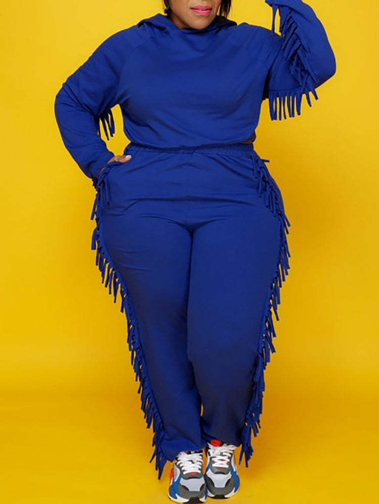 Two Pieces Plus Size Fringe Hooded Tracksuit