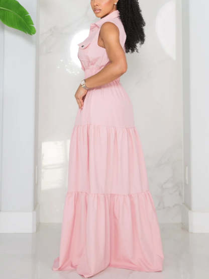 Sleeveless Collared Button Front Flowy Dress