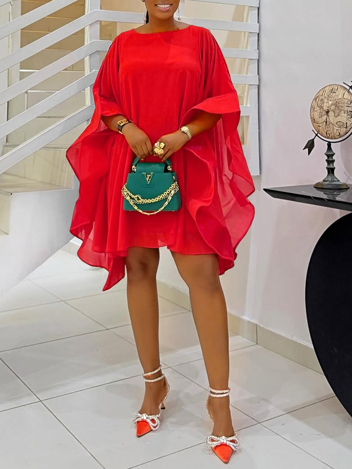 Solid Chiffon Cape Overlay Dress