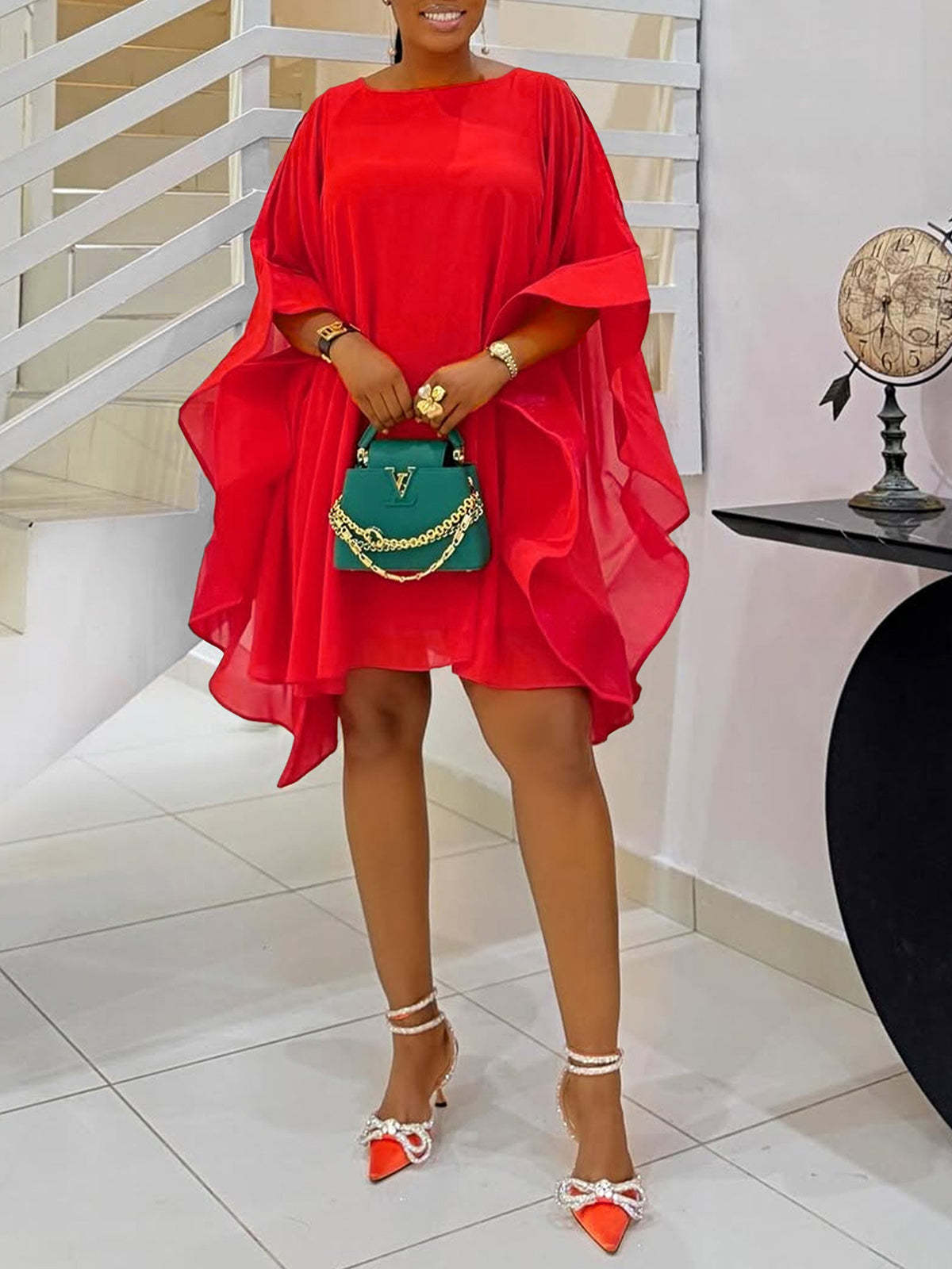 Solid Chiffon Cape Overlay Dress