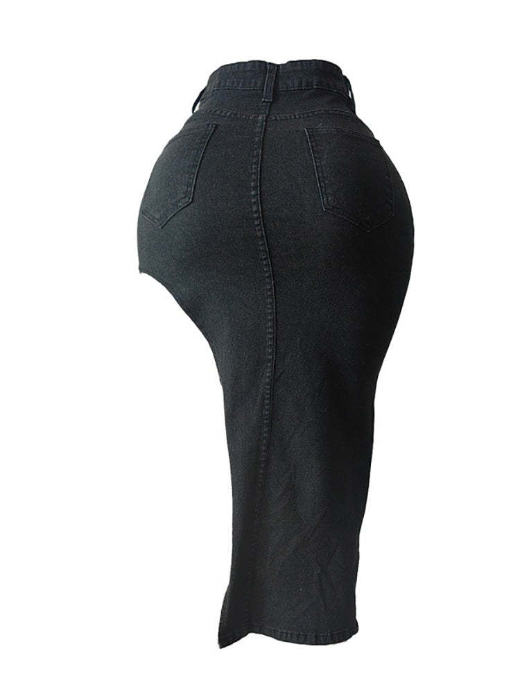 Graffiti Patchwork High Slit Denim Midi Skirt