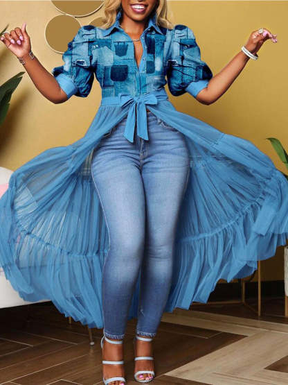 Mesh Patchwork Shirt Dress