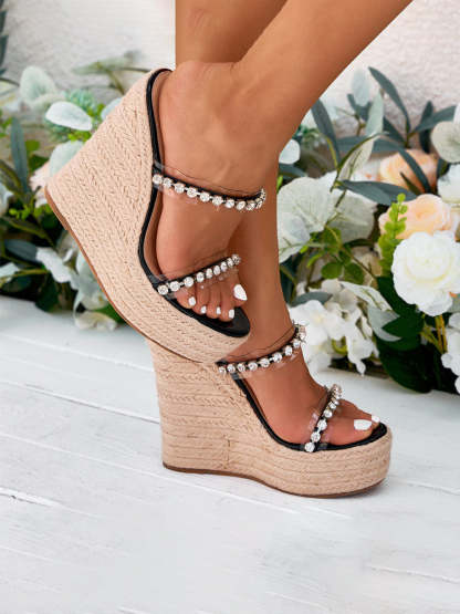 Rhinestone Transparent Strap Wedge Sandals