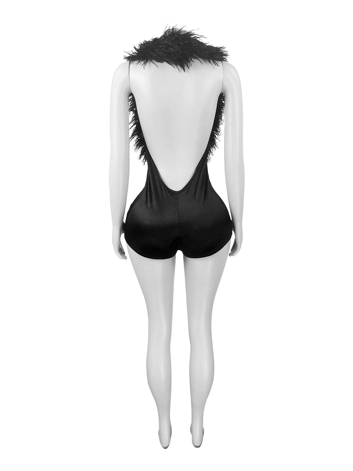 Backless Halter Faux Fur Trim Romper