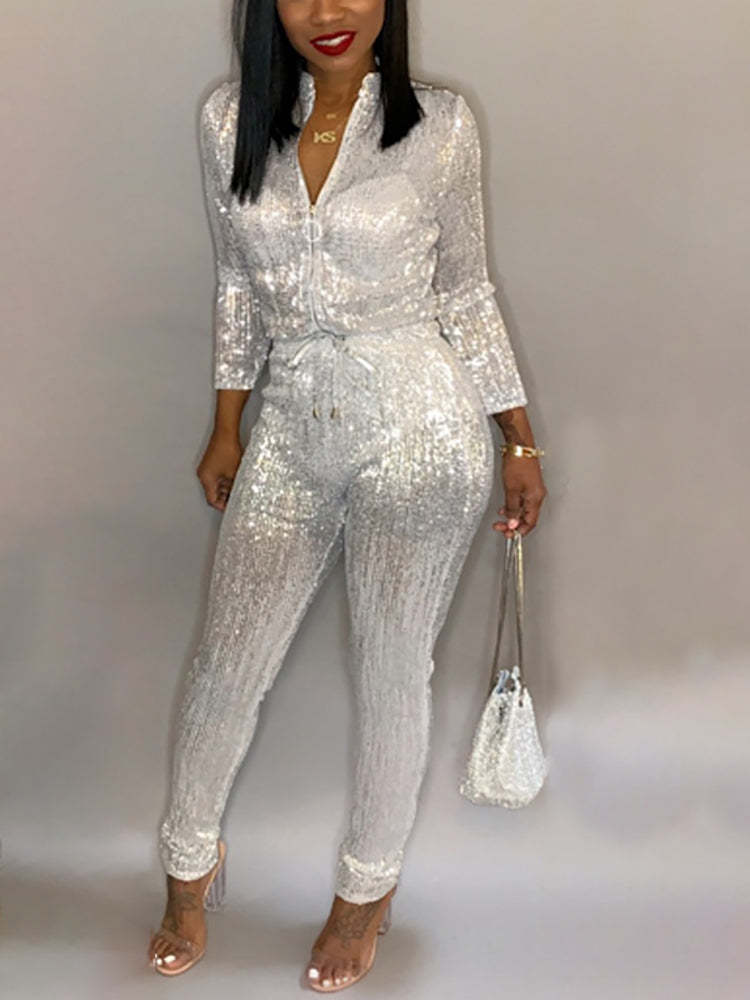 Long Sleeve Sequin Belted Jumpsuit
