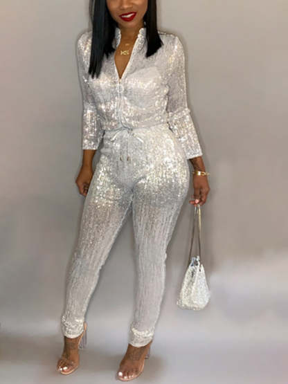 Long Sleeve Sequin Belted Jumpsuit