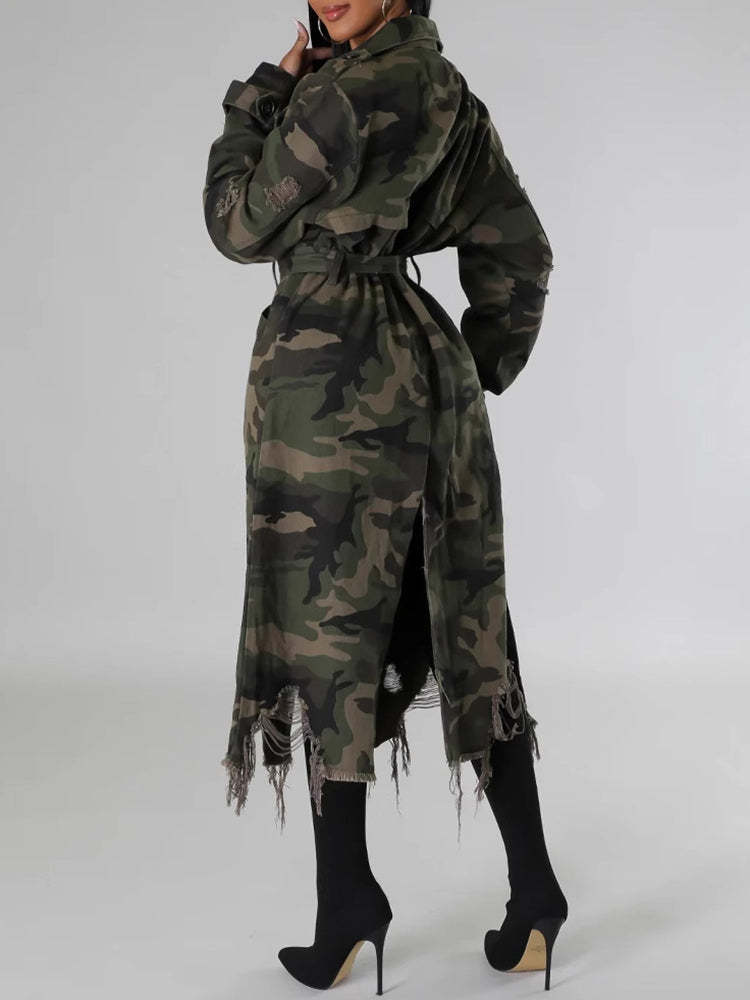 Distressed Camouflage Long Trench Coat