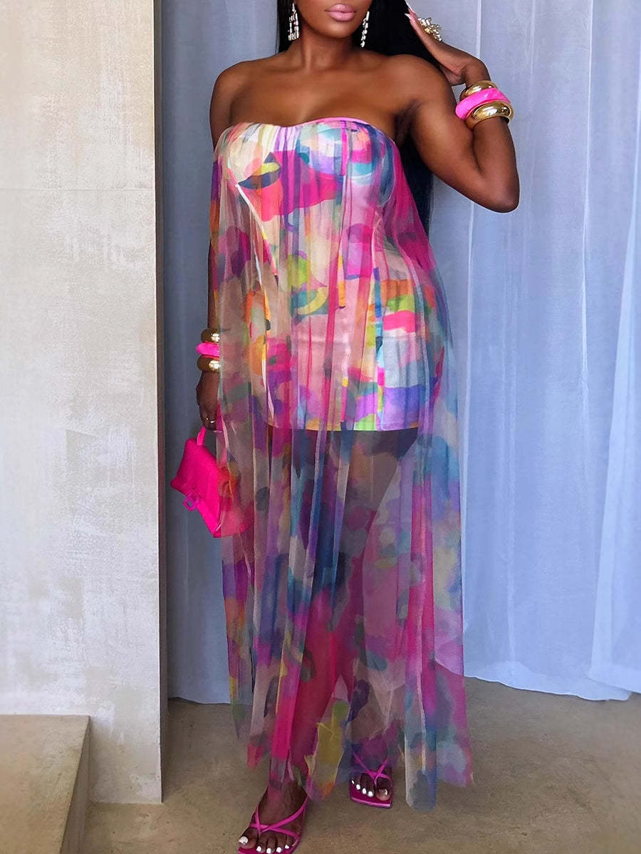 Colorblock Mesh Patchwork Strapless Dress